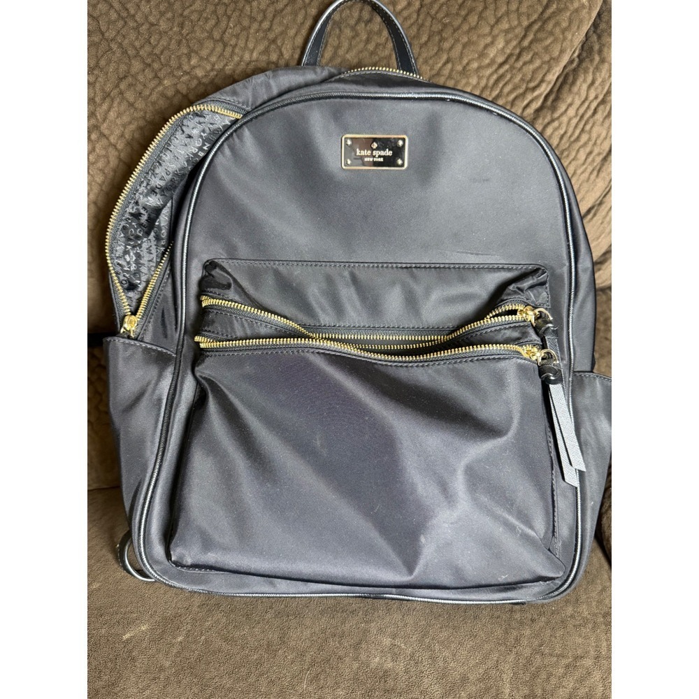 Kate Spade New York Black Nylon Backpack Gold Tone Zip Laptop Travel Bag